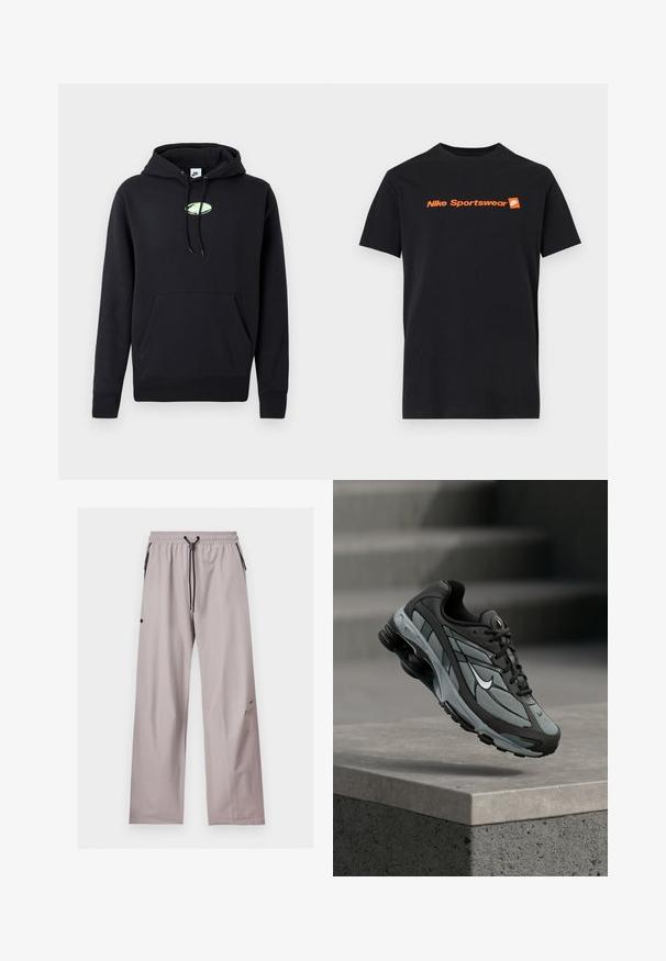 Schwarzer Nike-Hoodie mit vorderer Kängurutasche, verstellbarem Kapuzenzug und kleinem hellgrünen ovalen Logo in der Mitte der Brust.; Schwarzes T-Shirt mit kurzen Ärmeln, orangefarbenem "Nike Sportswear" Schriftzug und kleinem Nike Swoosh-Logo auf quadratischem Hintergrund in der Brustmitte.; Hellgraue locker sitzende Hose mit elastischem Bund, schwarzer verstellbarer Kordel und seitlichen Taschen mit schwarzen Reißverschlussdetails.; Grauer und schwarzer Sportschuh mit Netzpaneelen und dicker Sohle, schwebend in der Luft über einer Betonmauer mit Treppen im Hintergrund.