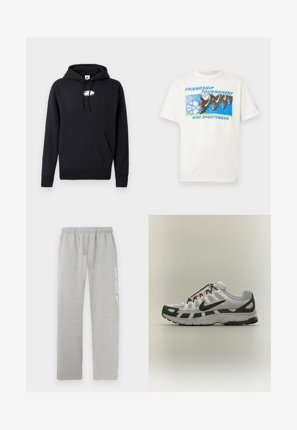 Zwarte Nike hoodie met een zijzak aan de voorkant, een trekkoord in de capuchon en een klein lichtgroen ovaal logo in het midden van de borst.; Wit T-shirt met een afbeelding van voetbalschoenen die een blauwe en witte Nike voetbal trappen, met de tekst "Friendship Tournament" en "Nike Sportswear."; Grijze sweatpants van zacht materiaal met een elastische tailleband. Voorzien van witte tekst "JUST DO IT" en het Nike swoosh-logo op één been.; Witte en grijze sportschoen met zwarte Nike-swoosh, zwarte veters en oranje accenten op een neutrale achtergrond.
