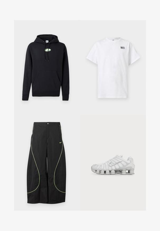 Sudadera negra de Nike con bolsillo canguro en la parte frontal, capucha ajustable con cordón y pequeño logo ovalado verde claro centrado en el pecho.; Camiseta blanca de manga corta con cuello redondo y pequeño logo negro de Nike swoosh dentro de un rectángulo en el lado izquierdo del pecho.; Pantalones anchos negros de Nike con ribete curvado en verde neón y pequeño logo de swoosh de Nike en el muslo derecho, cierre de botón y cremallera en la cintura.; Zapatilla de running blanca Nike con suela visible con amortiguación de aire y logo swoosh plateado en el lateral, mostrada desde el lado exterior.