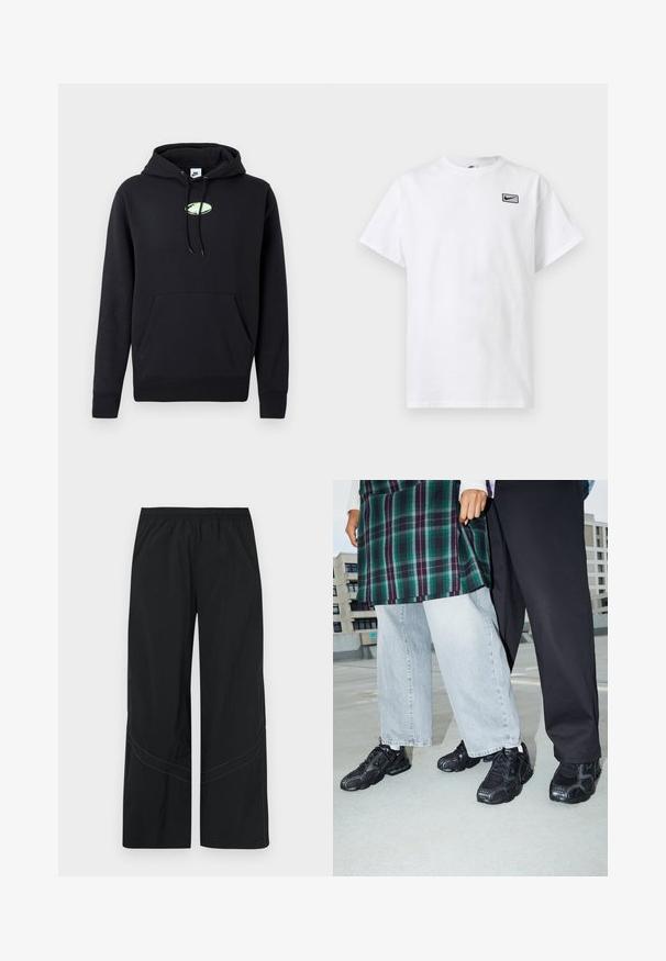 Zwarte Nike hoodie met een zijzak aan de voorkant, een trekkoord in de capuchon en een klein lichtgroen ovaal logo in het midden van de borst.; Wit T-shirt met korte mouwen en ronde hals, met een klein zwart Nike swoosh-logo in een rechthoek op de linkerborst.; Zwarte wijde broek gemaakt van lichtgewicht stof met een elastische tailleband en subtiel gebogen stikdetail aan de zoom.; Zwarte sportieve schoenen met mesh- en rubberaccenten. Draagt een lichtgrijze wijde spijkerbroek en een groen geruit shirt. Effen achtergrond.
