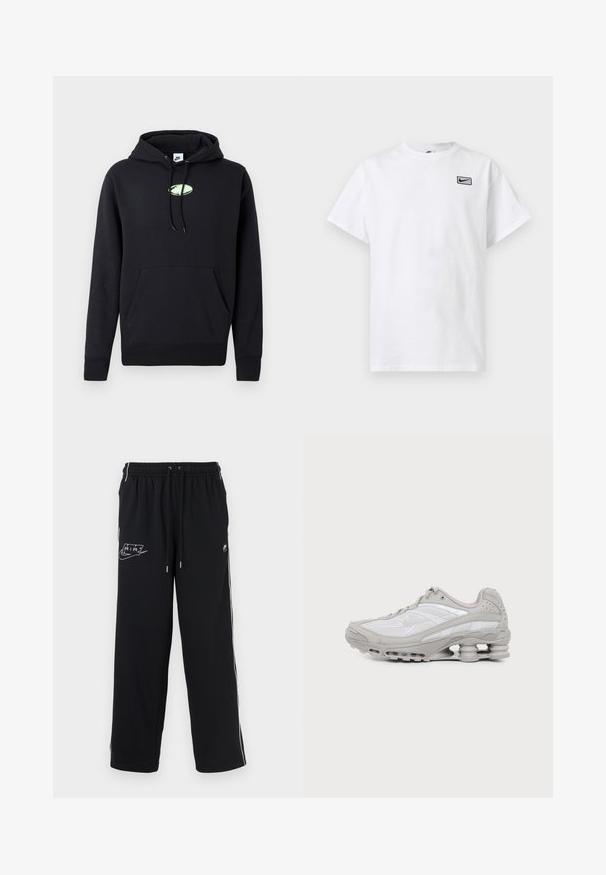 Zwarte Nike hoodie met een zijzak aan de voorkant, een trekkoord in de capuchon en een klein lichtgroen ovaal logo in het midden van de borst.; Wit T-shirt met korte mouwen en ronde hals, met een klein zwart Nike swoosh-logo in een rechthoek op de linkerborst.; Zwarte joggingbroek met een elastische tailleband, twee zijstrepen en een wit grafisch logo. Gemaakt van gestructureerde stof, voorzien van zijkleppen bij de enkels.; Grijze en witte sportschoen met zichtbare luchtkussenzool en meshpanelen, in profiel weergegeven op een eenvoudige lichte achtergrond.