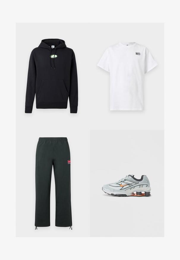 Sudadera negra de Nike con bolsillo canguro en la parte frontal, capucha ajustable con cordón y pequeño logo ovalado verde claro centrado en el pecho.; Camiseta blanca de manga corta con cuello redondo y pequeño logo negro de Nike swoosh dentro de un rectángulo en el lado izquierdo del pecho.; Pantalones Nike verde oscuro con cintura elástica, piernas rectas, pequeño parche del logo de Nike en rojo y blanco en el muslo, y cordones ajustables en los puños.; Zapatilla de correr gris claro con detalles en negro, logo naranja, parte superior de malla, collar acolchado y suela de goma con unidades visibles de absorción de impactos.