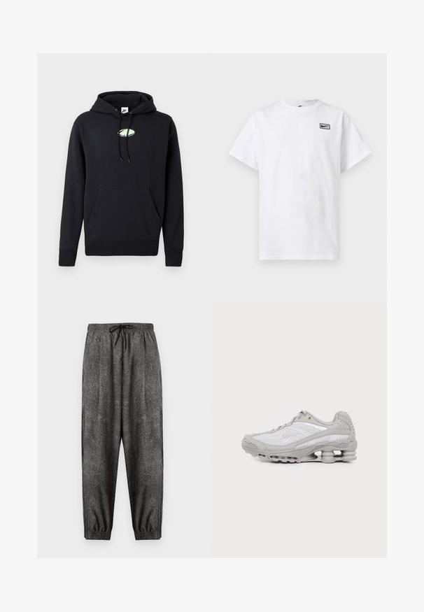 Zwarte Nike hoodie met een zijzak aan de voorkant, een trekkoord in de capuchon en een klein lichtgroen ovaal logo in het midden van de borst.; Wit T-shirt met korte mouwen en ronde hals, met een klein zwart Nike swoosh-logo in een rechthoek op de linkerborst.; Donkergrijze gestructureerde joggingbroek met elastische tailleband en zwart trekkoord, elastische boorden en een relaxte pasvorm.; Grijze en witte sportschoen met meshpanelen, vetersluiting en een unieke veerachtige zool voor demping en ondersteuning.