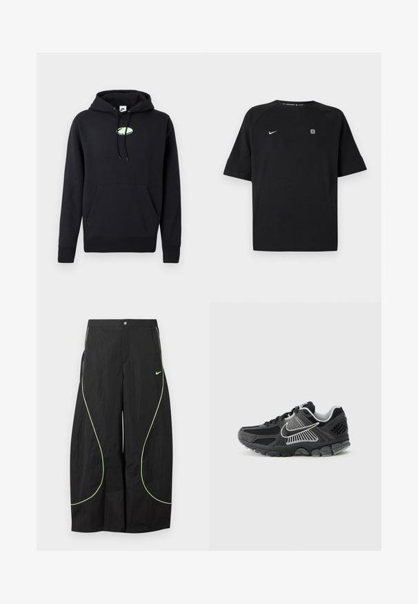 Sort Nike hættetrøje med frontlomme, snoretræk i hætten og lille lysegrøn oval logo centreret på brystet.; Sort Nike sportstrøje med korte ærmer med hvid swoosh-logo på venstre bryst og lille firkantet emblem på højre bryst, ensfarvet baggrund.; Sorte Nike bukser med brede ben, med neon-grøn buet piping og lille Nike swoosh-logo på højre lår, knap- og lynlåslukning i taljen.; Sort atletiksko med meshpaneler og syntetiske detaljer. Har en rundet tå, tyk polstret sål og kontrasterende hvide logodetaljer.