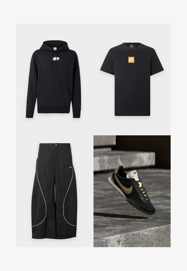 Schwarzer Nike-Hoodie mit vorderer Kängurutasche, verstellbarem Kapuzenzug und kleinem hellgrünen ovalen Logo in der Mitte der Brust.; Schwarzes Nike T-Shirt mit kurzen Ärmeln, einem kleinen orangefarbenen Quadratlogo und einem weißen Nike-Swoosh, der mittig auf der Brust platziert ist.; Schwarze Nike-Hose mit weitem Bein, neongrünem, geschwungenem Paspel und kleinem Nike-Swoosh-Logo auf dem rechten Oberschenkel, mit Knopf- und Reißverschlussbund.; Schwarzer und goldener Nike Laufschuh mit strukturiertem Obermaterial und gemusterten Schnürsenkeln, der über einer rauen Betonfläche und Stufen schwebt.