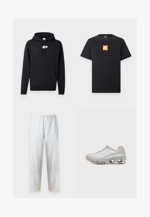 Čierna mikina Nike s predným klokaním vreckom, kapucňou so šnúrkou a malým svetlozeleným oválnym logom umiestneným na hrudi.; Čierne tričko s krátkym rukávom značky Nike s malým oranžovým štvorcovým logom a bielym logom Nike Swoosh umiestneným v strede na hrudi.; Sivé tepláky vyrobené z mäkkej látky, s elastickým pásom so šnúrkou a rovnými nohavicami. Žiadne vzory ani ozdoby nie sú viditeľné.; Šedá a biela športová teniska s viditeľnou podrážkou s vzduchovou vložkou a sieťovinovými panelmi, zobrazená v profile na jednoduchom svetlom pozadí.
