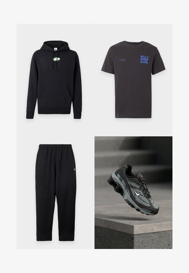 Schwarzer Nike-Hoodie mit vorderer Kängurutasche, verstellbarem Kapuzenzug und kleinem hellgrünen ovalen Logo in der Mitte der Brust.; Schwarzes kurzärmeliges T-Shirt mit Rundhalsausschnitt und blauem "NIKE"-Schriftzug in gotischer Schrift auf der Brust sowie kleinerem "NIKE AIR INCORPORATED 1972" Schriftzug auf der linken Seite.; Schwarze Jogginghose mit elastischem Bund, versehen mit einem kleinen weißen Logo auf der linken Seite. Hergestellt aus weichem, leichtem Stoff. Gerade geschnittener Beinverlauf.; Grauer und schwarzer Sportschuh mit Netzpaneelen und dicker Sohle, schwebend in der Luft über einer Betonmauer mit Treppen im Hintergrund.