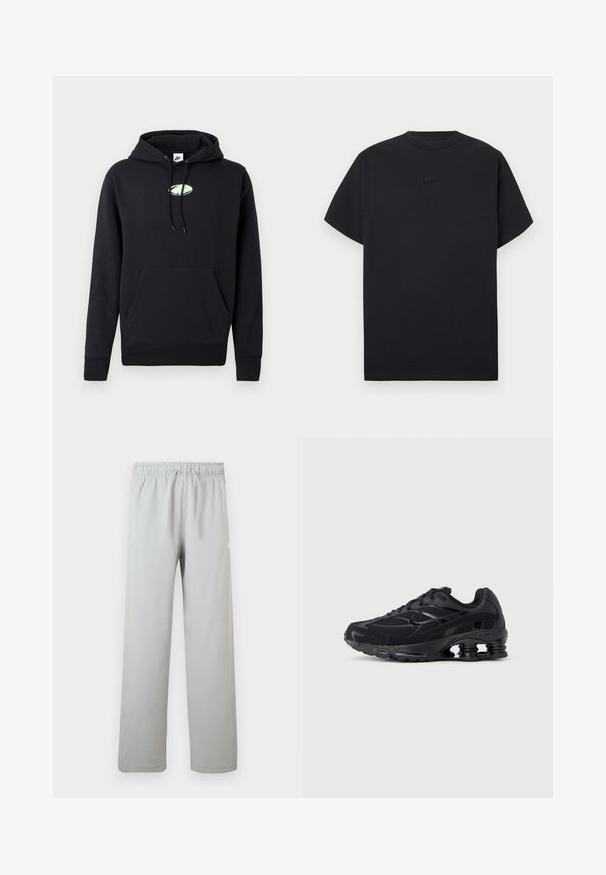 Zwarte Nike hoodie met een zijzak aan de voorkant, een trekkoord in de capuchon en een klein lichtgroen ovaal logo in het midden van de borst.; Zwart Nike-t-shirt met korte mouwen, ronde hals en klein zwart Nike-logo midden op de borst.; Lichtgrijze casual broek met elastische tailleband en trekkoord, rechte pijp, geschikt voor dagelijks gebruik.; Zwarte sportieve schoen met een bovenwerk van mesh, een gevoerde kraag en opvallende dempingstechnologie bij de hiel. Heeft gestructureerde accenten en veters.