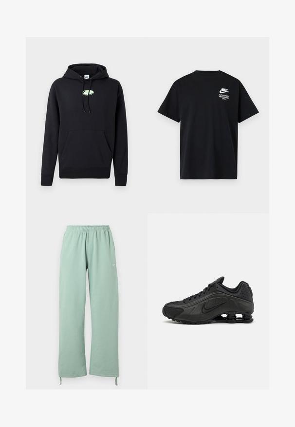 Sort Nike hættetrøje med frontlomme, snoretræk i hætten og lille lysegrøn oval logo centreret på brystet.; Sort Nike t-shirt med korte ærmer og hvid teksten "Authorized Personnel Only" samt logo på øverste venstre bryst.; Lysegrønne sweatpants med brede ben, elastisk talje, Nike-logo på venstre lår og justerbare snore ved benenderne.; Sorte løbesko med en glat syntetisk overdel, perforerede detaljer, teksturerede sidedele og en distinkt fjedrende sål.