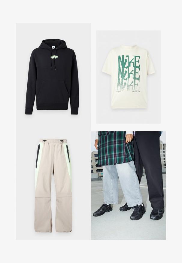 Schwarzer Nike-Hoodie mit vorderer Kängurutasche, verstellbarem Kapuzenzug und kleinem hellgrünen ovalen Logo in der Mitte der Brust.; Weißes T-Shirt mit kurzen Ärmeln und großem grün verzerrtem „NIKE“-Schriftzug, der vertikal übereinander gestapelt ist, und kleinem Text „NIKE INC. OREGON, USA“ unten.; Beige Hose mit hellgrünen Seitenteilen, schwarzen Reißverschlusstaschen am Oberschenkel und elastischem Bund mit schwarzen Kordeln.; Schwarze Sportschuhe mit Mesh- und Gummielementen. Kombiniert mit hellgrauen weiten Jeans und einem karierten grünen Oberteil. Flacher Hintergrund.
