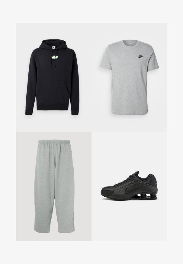 Haut à capuche noir Nike avec poche kangourou à l'avant, cordon de serrage pour la capuche et petit logo ovale vert clair centré sur la poitrine.; T-shirt gris à manches courtes en coton, arborant un logo noir de Nike sur la poitrine et un col rond. Design minimaliste sans motifs.; Pantalon de survêtement gris clair avec une ceinture élastique, une coupe fuselée des jambes et une texture douce. Aucun logo ou motif visible.; Baskets de course noires avec une tige en synthétique lisse, des accents perforés, des panneaux latéraux texturés et une semelle distincte et rebondissante.