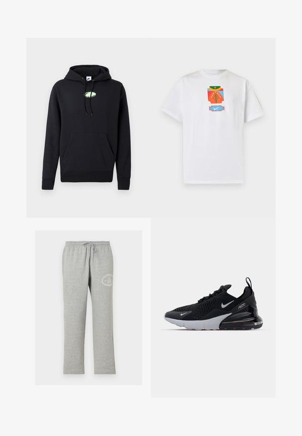 Čierna mikina Nike s predným klokaním vreckom, kapucňou so šnúrkou a malým svetlozeleným oválnym logom umiestneným na hrudi.; Biele krátke tričko s farebnou abstraktnou grafikou zobrazujúcou kvetinu a modré logo Nike na hrudi.; Sivé tepláky s elastickým pásom a šnúrkou, s malým bielym kruhovým logom na hornej ľavej stehne.; Čierne športové topánky s hornou časťou z mäkkej sieťoviny, bielou medzipodrážkou a viditeľným vzdušným tlmením v päte. Elegantný dizajn s jemnými striebornými akcentmi.