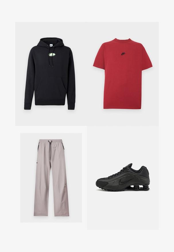 Zwarte Nike hoodie met een zijzak aan de voorkant, een trekkoord in de capuchon en een klein lichtgroen ovaal logo in het midden van de borst.; Rood katoenen T-shirt met een zwart Nike-logo op de borst, korte mouwen, een ronde halslijn en een normale pasvorm. Gladde textuur.; Lichtgrijze losse broek met elastische tailleband, zwarte verstelbare trekkoord en zijzakken met zwarte ritsdetails.; Zwarte hardloopschoenen met een glad bovenwerk van synthetisch materiaal, geperforeerde accenten, gestructureerde zijpanelen en een opvallende veerkrachtige zool.