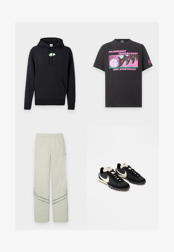 Zwarte Nike hoodie met een zijzak aan de voorkant, een trekkoord in de capuchon en een klein lichtgroen ovaal logo in het midden van de borst.; Zwart Nike T-shirt met een roze afbeelding van voetbalschoenen die een voetbal trappen, tekst "Friendship Tournament" en "Nike Sportswear" op de voorkant.; Lichtgroene, loszittende broek met een elastische tailleband, met donker groene diagonale lijnen en een eenvoudig ontwerp. Gladde, lichte stof.; Zwarte sportieve schoenen met een gestructureerde bovenkant, witte swoosh-logo en rubberen zool met kleine noppen voor grip. Crèmekleurige kraag.