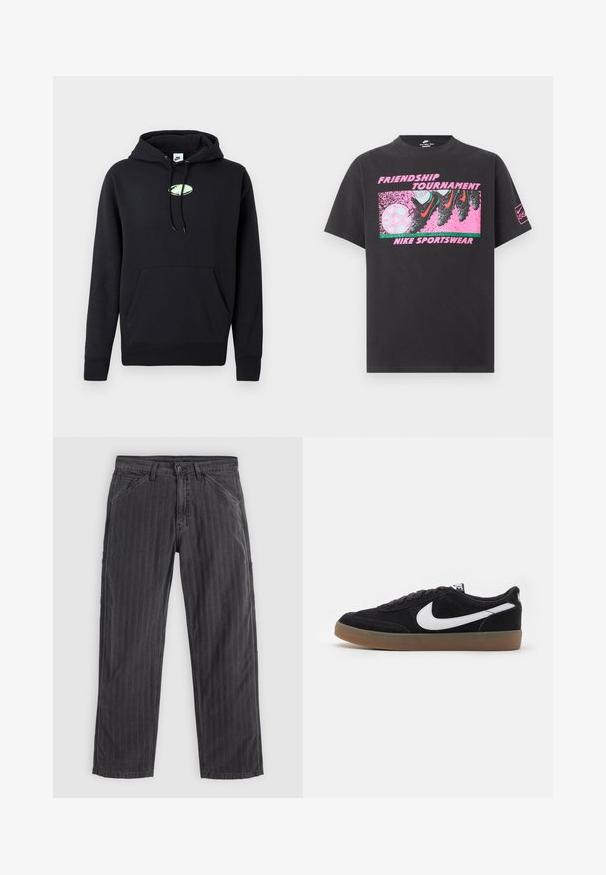 Sudadera negra de Nike con bolsillo canguro en la parte frontal, capucha ajustable con cordón y pequeño logo ovalado verde claro centrado en el pecho.; Camiseta negra de Nike con gráfico rosa de tacos pateando un balón de fútbol, texto "Torneo de Amistad" y "Nike Sportswear" en el frente.; Pantalones de rayas negras fabricados en una mezcla de algodón. Cuentan con un diseño de pierna recta, bolsillos laterales y un cierre con botón.; Zapatillas de skate de ante negro con el logotipo de Nike en blanco, puntera redonda y suela de goma. Presentan un diseño con cordones planos y un collar acolchado.