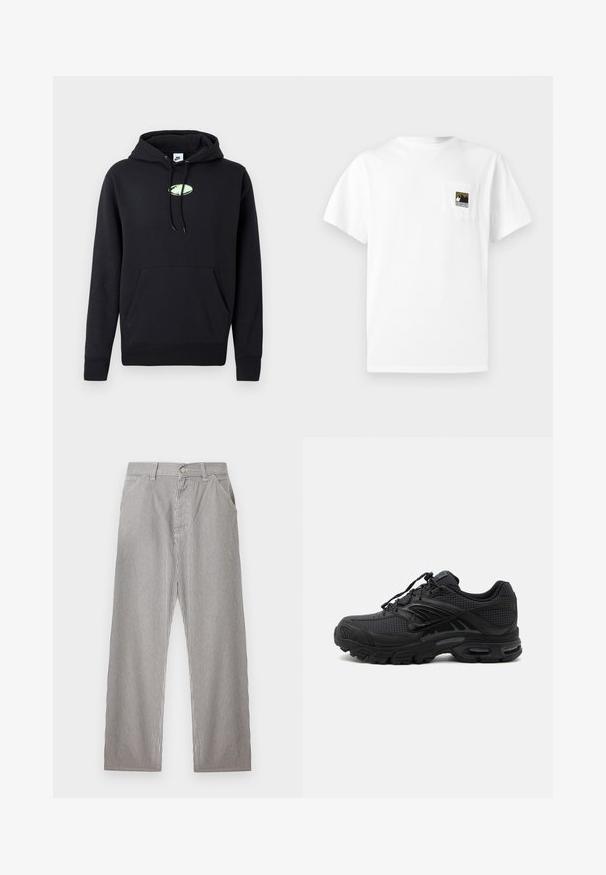 Zwarte Nike hoodie met een zijzak aan de voorkant, een trekkoord in de capuchon en een klein lichtgroen ovaal logo in het midden van de borst.; Wit katoenen t-shirt met korte mouwen en een borstzakje met een berglogo in zwart en goud. Eenvoudig, onopgesmukt ontwerp.; Herenbroek met verticale zwart-witte dunne strepen, vooraan sluiting met knopen, riemlussen en zijzakken.; Zwarte atletische sneaker met textuurstof, dikke gevoerde zool, luchtopeningen en vetersluiting, vanaf de zijkant weergegeven tegen een lichte achtergrond.
