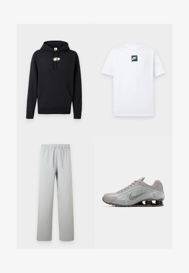Sort Nike hættetrøje med frontlomme, snoretræk i hætten og lille lysegrøn oval logo centreret på brystet.; Hvid Nike T-shirt med korte ærmer og et lille grønt firkantet logo med Nike swoosh og tekst centreret på brystet.; Lysegrå afslappede bukser med elastisk talje og snøre, lige ben, velegnet til hverdagsbrug.; Nike løbesko i lysegrå med en glat tekstur, buet design og synlige støddæmpningsfjeder i mørkebrun ved hælen.