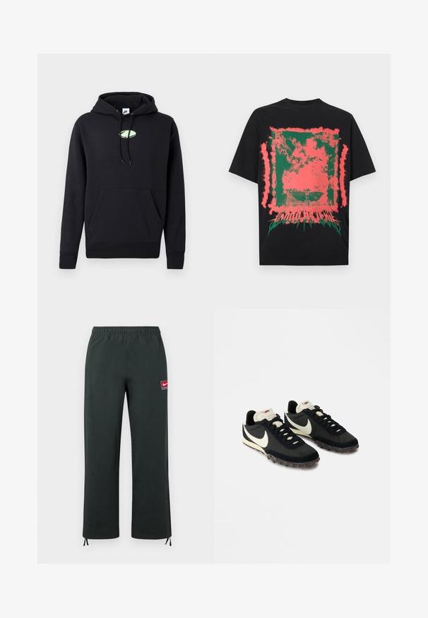 Zwarte Nike hoodie met een zijzak aan de voorkant, een trekkoord in de capuchon en een klein lichtgroen ovaal logo in het midden van de borst.; Zwart T-shirt met abstract groen en roze gespetterd vierkant ontwerp en vervormde tekst onderaan in het midden.; Donkergroene Nike-broek met elastische tailleband, rechte pijpen, een kleine rood-witte Nike-logo patch op de dij en verstelbare koordjes bij de boorden.; Zwarte sportieve schoenen met een gestructureerde bovenkant, witte swoosh-logo en rubberen zool met kleine noppen voor grip. Crèmekleurige kraag.