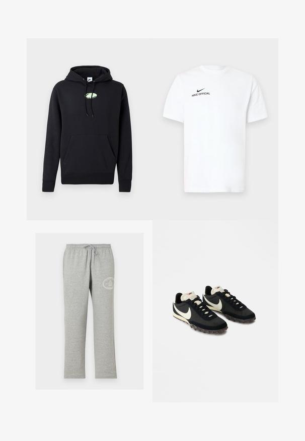 Schwarzer Nike-Hoodie mit vorderer Kängurutasche, verstellbarem Kapuzenzug und kleinem hellgrünen ovalen Logo in der Mitte der Brust.; Weißes Baumwoll-T-Shirt mit kurzen Ärmeln. Es zeigt ein schwarzes "Nike Official"-Logo und einen schwarzen Swoosh auf der linken Brustseite.; Graue Jogginghose mit elastischem Bund und Kordelzug, mit kleinem weißem rundem Logo am oberen linken Oberschenkel.; Schwarze Sportschuhe mit einer strukturierten Oberseite, weißem Swoosh-Logo und einer Gummisohle, die mit kleinen Noppen für besseren Halt ausgestattet ist. Beigefarbener Kragen.