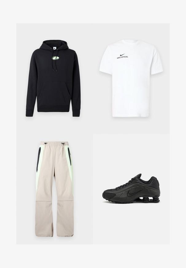 Sudadera negra de Nike con bolsillo canguro en la parte frontal, capucha ajustable con cordón y pequeño logo ovalado verde claro centrado en el pecho.; Camiseta blanca de algodón con mangas cortas. Presenta un logo negro de "Nike Official" y una marca de verificación (swoosh) negra en el lado izquierdo del pecho.; Pantalones beige con paneles laterales verde claro, bolsillos en el muslo con cremallera negra y cintura elástica con cordones negros.; Zapatillas de running negras con un upper sintético liso, detalles perforados, paneles laterales texturizados y una suela distintiva y elástica.