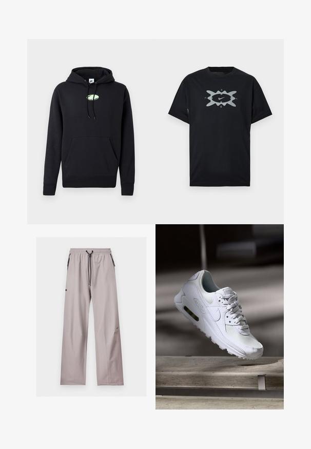 Sudadera negra de Nike con bolsillo canguro en la parte frontal, capucha ajustable con cordón y pequeño logo ovalado verde claro centrado en el pecho.; Camiseta de algodón negra con un gráfico plateado central que incluye el logotipo de Nike y una forma abstracta. Mangas cortas, cuello redondo, corte holgado.; Pantalones de color gris claro, de corte holgado, con cintura elástica, cordón negro ajustable y bolsillos laterales con detalles de cremallera negra.; Zapatilla Nike Air Max 90 blanca con parte superior de malla y cuero, caja de puntera perforada y unidad de aire visible en el talón.