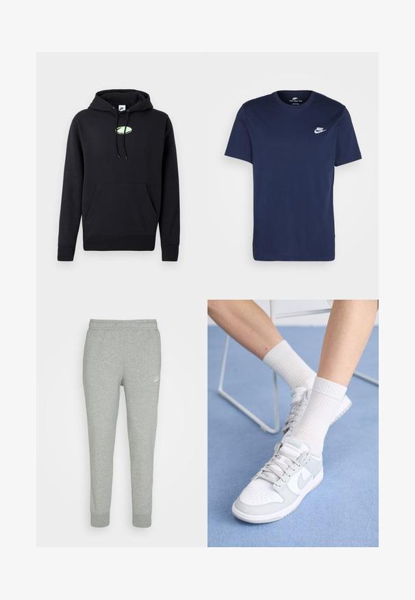 Sudadera negra de Nike con bolsillo canguro en la parte frontal, capucha ajustable con cordón y pequeño logo ovalado verde claro centrado en el pecho.; Camiseta de algodón azul marino con cuello redondo y mangas cortas. Presenta un logotipo blanco de Nike en el lado izquierdo del pecho y un dobladillo recto.; Pantalones de chándal grises hechos de una tela suave, con un diseño de pierna ajustada, cinturilla elástica y pequeño logo blanco de Nike en el muslo izquierdo.; Zapatillas blancas con acentos azul claro, parte superior de cuero, puntera perforada, cordones gruesos y calcetines blancos de canalé sobre un fondo azul.