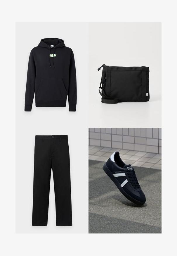 Čierna mikina Nike s predným klokaním vreckom, kapucňou so šnúrkou a malým svetlozeleným oválnym logom umiestneným na hrudi.; Čierne bavlnené nohavice rovného strihu, s klasickým pásom, pútkami na opasok a jedným gombíkom na zapínanie. Hladká štruktúra, bez vzorov.; Čierne kožené tenisky s bielymi pruhmi, textúrovanou gumovou podrážkou a šnurovaním vpredu. Obsahujú označenie značky na jazyku.; Čierna textilná ramenná taška s textúrovaným povrchom, nastaviteľným pásom a sťahovaním. Vyznačuje sa výrazným prešívaním a bočným štítkom.