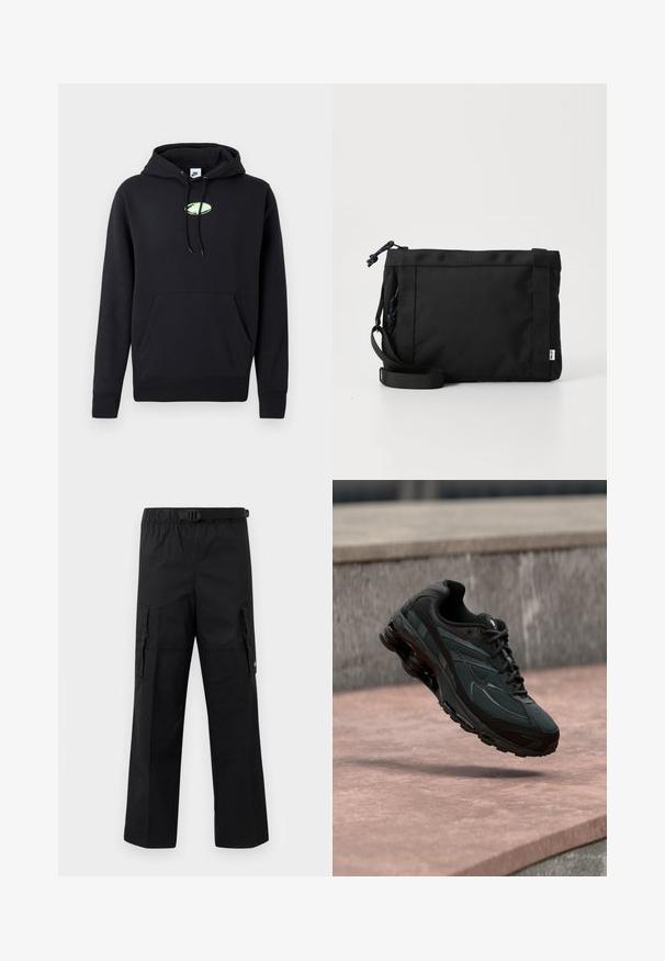 Sudadera negra de Nike con bolsillo canguro en la parte frontal, capucha ajustable con cordón y pequeño logo ovalado verde claro centrado en el pecho.; Pantalones cargo negros con un diseño de pierna ancha, cintura ajustable con hebilla y dos bolsillos laterales para almacenamiento. Tejido ligero.; Zapatilla deportiva negra con entresuela visible con amortiguación de aire que flota sobre una superficie de piedra rosa con un fondo de pared de piedra gris.; Bolsa de hombro de tela negra con exterior texturizado, correa ajustable y cierre de cordón. Presenta costuras llamativas y una etiqueta lateral.