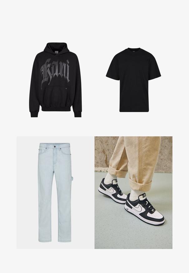 Zwarte hoodie met voorzak, voorzien van grote grijze gotische letters. Gemaakt van zachte stof, met ribgebreide manchetten en onderrand voor een goede pasvorm.; Zwarte T-shirt met korte mouwen en ronde hals, een ontspannen pasvorm, eenvoudig ontwerp zonder zichtbare logo's of patronen.; Lichtblauwe denim jeans met rechte snit, voorzien van een knoopsluiting, vijf zakken en een zijlusdetail voor extra functionaliteit.; Zwart-witte Nike Air Force 1 sneakers met een leren bovenwerk, geperforeerde neus en gestructureerde zooldetails, gedragen met opgerolde beige broek en witte sokken.