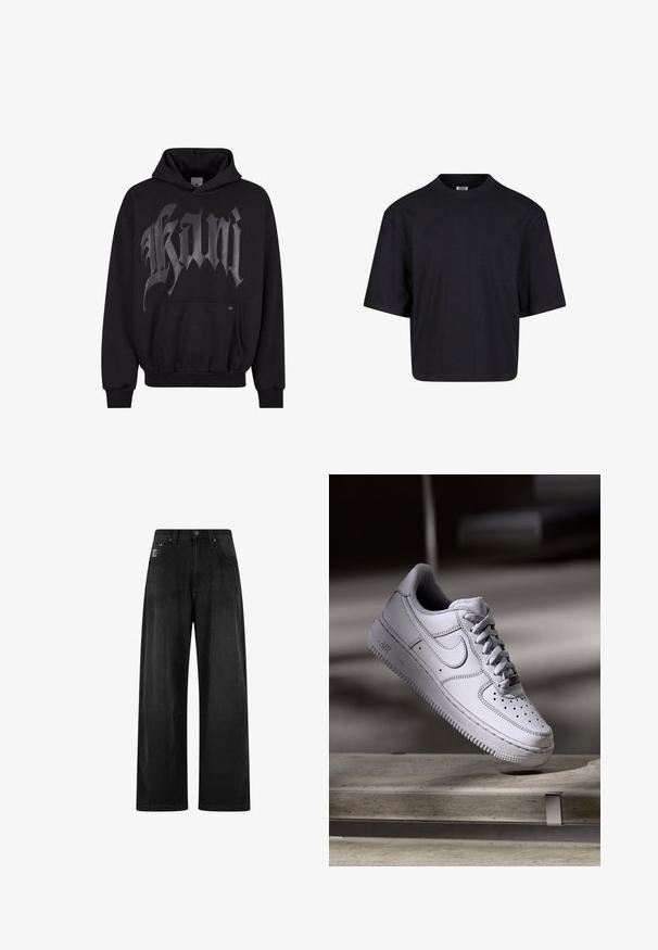 Zwarte hoodie met voorzak, voorzien van grote grijze gotische letters. Gemaakt van zachte stof, met ribgebreide manchetten en onderrand voor een goede pasvorm.; Zwarte katoen t-shirt met een ronde halslijn, korte mouwen en een oversized pasvorm. Soepele textuur en minimalistisch ontwerp. Geen zichtbare logo's.; Zwart denim broek met wijde pijpen en hoge taille, voorzien van vier zakken en een klein logo-label aan de voorkant. Zachte textuur, eenvoudig ontwerp.; Witte Nike Air Force 1 sneaker van leer met geperforeerde neus, platte veters en een gestructureerde rubberen zool met "AIR"-logo aan de zijkant.