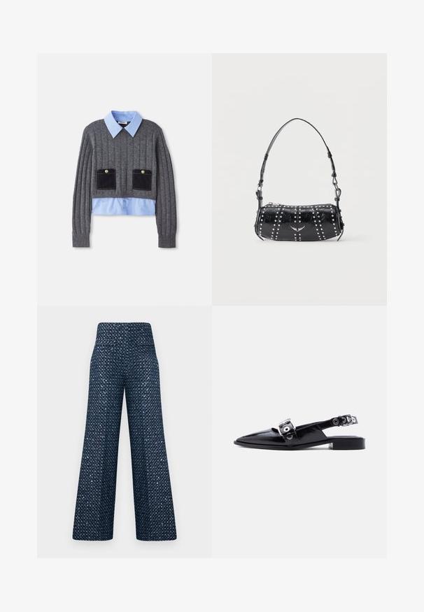 Un pull gris côtelé avec une chemise à col bleu clair en dessous, comportant deux poches avant avec des accents bleu foncé et des détails de boutons.; Pantalon taille haute à jambes larges en tissu bleu marine recouvert de sequins argentés denses créant un effet scintillant.; Ballerine pointue en cuir verni noir avec double boucle argentée et talon slingback sur fond blanc.; Sac d'épaule en cuir verni noir orné de clous argentés disposés en rangées verticales et d'un petit emblème d'oiseau argenté au centre devant.
