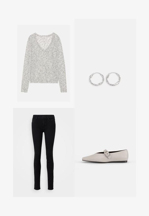 Top gris de manga larga con un diseño de cuello en V, que presenta una sutil textura moteada y un material de punto suave. La etiqueta dice "ANNA FIELD."; Pantalones vaqueros ajustados negros, hechos de denim, con un diseño clásico de cinco bolsillos, cierre frontal de botón y un ligero estiramiento para mayor comodidad.; Zapato plano de cuero beige con punta afilada, un detalle de hebilla lateral y suela negra baja. Textura suave y diseño minimalista.; Pendientes de aro plateados con textura ondulada e irregular. Presentan una forma circular delgada y un acabado reflectante.
