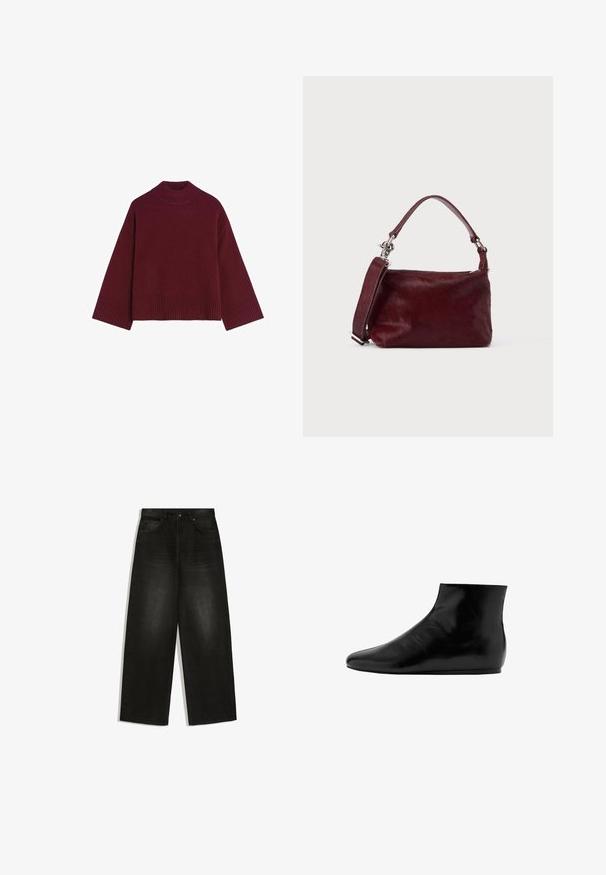 Pull en tricot bordeaux avec un col montant à côtes, des manches larges et un ourlet côtelé. Texture douce et coupe décontractée, adapté pour le superposition.; Jean noir taille haute à jambes larges avec poches avant, passants de ceinture et fermeture par bouton, présenté à plat sur fond blanc.; Bottine en cuir noir avec une surface lisse, semelle plate, bout rond et un design minimaliste.; Petit sac à main rectangulaire bordeaux avec finition texturée, poignée courte et bandoulière amovible sur un fond clair uni.