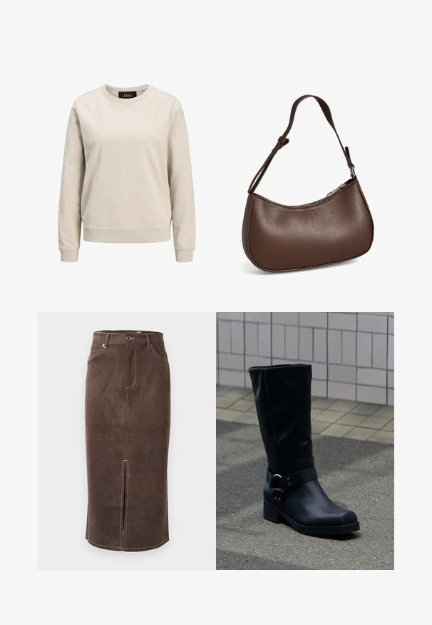 Beige sweatshirt met een ronde halslijn, lange mouwen, ribbelboorden en -zoom, gemaakt van zacht katoen. Eenvoudig ontwerp zonder prints.; Bruine suède pencil skirt met een voorkantsplit, contrasterende witte stiksels en een klassieke vijf-pocket ontwerp. Klassieke knoopsluiting bij de taille.; Zwarte leren kuitlaars met een lage blokhak en een decoratieve riem met metalen gesp rond de enkel, op een betegeld trottoir.; Kleine bruine leren schoudertas met verstelbare band en ritssluiting, getoond tegen een witte achtergrond. Geen zichtbaar merk of versieringen.