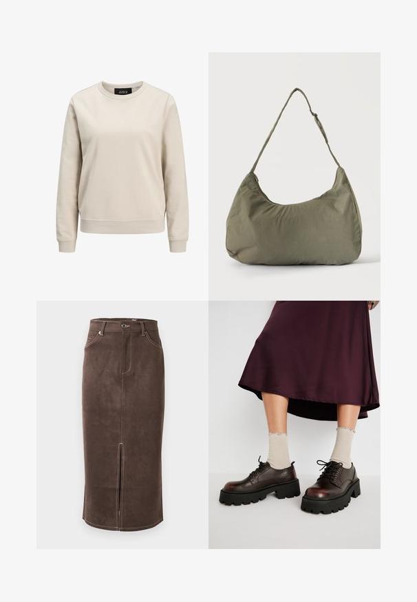 Beige sweatshirts med rund halsudskæring, lange ærmer, ribbede manchetter og kant, lavet af blødt bomuldsstof. Enkelt design uden mønstre.; Brun ruskind pencilskørt med frontslids, kontrasterende hvid syning og klassisk fem-lomme design. Klassisk knaplukning i taljen.; Brune læder platform sko med tykke sorte såler, parret med ribbet beige strømper med bølgede kanter, mod en afdæmpet baggrund.; Skuldertaske i blødt olivengrønt stof med lynlås og justerbar rem på ensfarvet, lyst baggrund.
