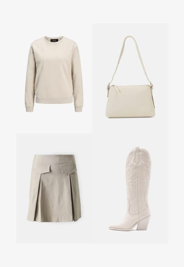 Beige Sweatshirt mit Rundhalsausschnitt, langen Ärmeln, gerippten Bündchen und Saum, aus weichem Baumwollmaterial. Einfaches Design ohne Muster.; Beige Faltenrock mit geradem Schnitt, der zwei Gesäßtaschen und eine glatte Textur aufweist. Der Stoff wirkt leicht und lässig.; Weiße Leder-Cowboystiefel mit spitzer Zehe und blockiertem Absatz. Sie verfügen über aufwendige Steppmuster am Schaft und eine glatte Textur.; Beige Schultertasche aus glattem Leder mit Reißverschluss. Hat ein einfaches Design, einen schmalen Schultergurt und Metallakzente.