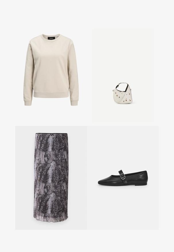 Beige sweatshirt met een ronde halslijn, lange mouwen, ribbelboorden en -zoom, gemaakt van zacht katoen. Eenvoudig ontwerp zonder prints.; Zwart en grijs slangenprint pencil skirt met een sheer, textuurstof. Kenmerkt zich door een scalloped zoom en details aan de bovenrand.; Zwarte leren platte schoen met een ronde neus, een enkele verstelbare gespsluiting en een gladde, glanzende textuur. Minimalistisch ontwerp met een lage hak.; Kleine witte handtas met bruine vlekken, afgeronde driehoekige vorm, zwarte binnenvoering en korte verstelbare band met zilveren gesp.