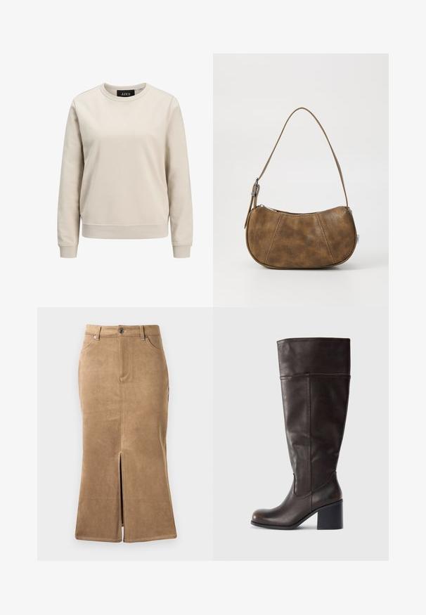 Beige sweatshirts med rund halsudskæring, lange ærmer, ribbede manchetter og kant, lavet af blødt bomuldsstof. Enkelt design uden mønstre.; Brun ruskind midi-skirt med slids foran, kontrasterende syninger og fem-lomme design. Glat tekstur og tætsiddende facon.; Brun læder knæhøj støvle med rund tå og stablet hæl. Har en glat tekstur og sidelægning som detalje.; Brun faux læder skuldertaske med en buet form, en enkelt strop, kontrasterende syninger og en lynlåslukning langs den øverste kant.