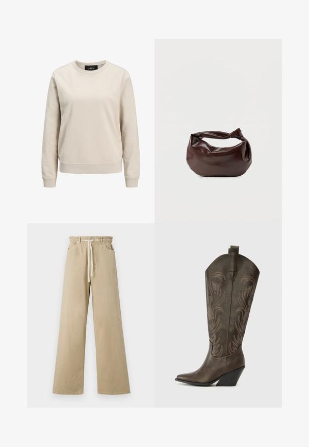 Beige sweatshirts med rund halsudskæring, lange ærmer, ribbede manchetter og kant, lavet af blødt bomuldsstof. Enkelt design uden mønstre.; Beige viddebenede bukser lavet af bomuld med elastisk talje og snøre. Har to sidelommer og en glat tekstur.; Brune læder cowboystøvle med spids tå, kilehæl og dekorativ broderi. Har en høj stok og en trækflap.; Mørkebrun læder skuldertaske med en blød, afslappet form og et snoet knudehåndtag på en ensartet hvid baggrund.
