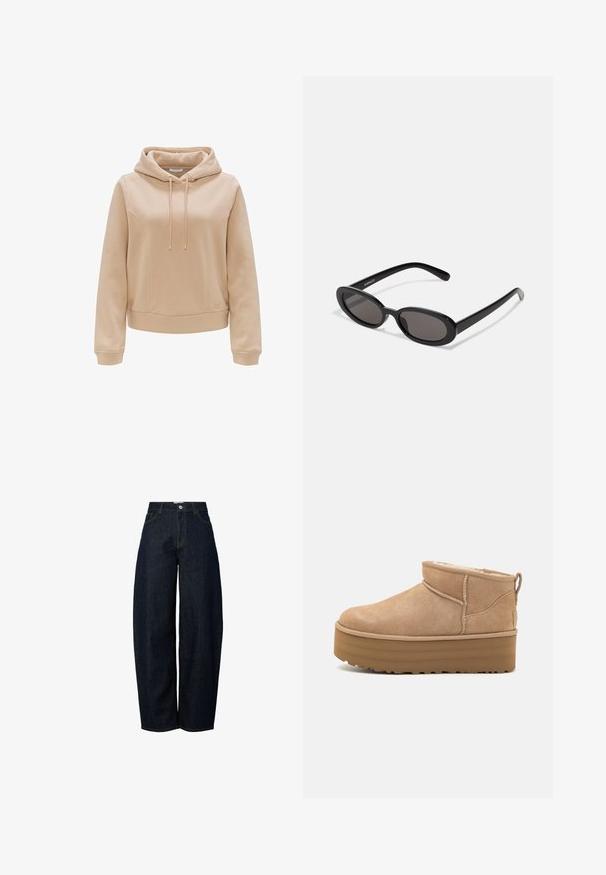Haut à capuche beige clair avec cordon de serrage, manches longues et poche avant. Caractérisé par une texture douce et des détails de couture subtils.; Jean en denim bleu marine à jambes larges et taille haute, agrémenté de surpiqûres orange contrastantes et d'une fermeture à bouton sur le devant.; Bottines en suede beige avec un intérieur moelleux, dotées d'une semelle compensée et d'une languette à l'arrière pour un enfilage facile. Semelle extérieure en caoutchouc texturé.; Even&Odd by Zalando Lunettes de soleil - black