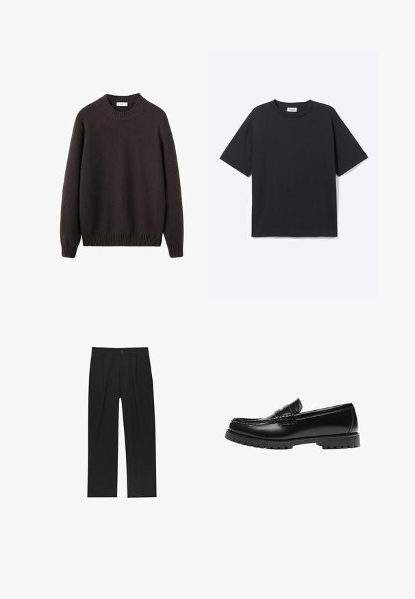 Pull marron en tricot avec un col ras du cou côtelé, des manches longues et des poignets et un ourlet côtelés. Confectionné en fil doux avec une finition texturée.; T-shirt noir à manches courtes avec col rond, coupe décontractée, vue de face, design uni et étiquette de la marque Weekday visible à l’intérieur du col.; Pantalons noirs au design droit, fabriqués à partir d'un tissu lisse. Dotés de plis sur le devant et d'une fermeture à un bouton à la taille.; Mocassin en cuir noir avec une semelle en caoutchouc épaisse et un détail classique de bride à monnaie, vu de côté extérieur.