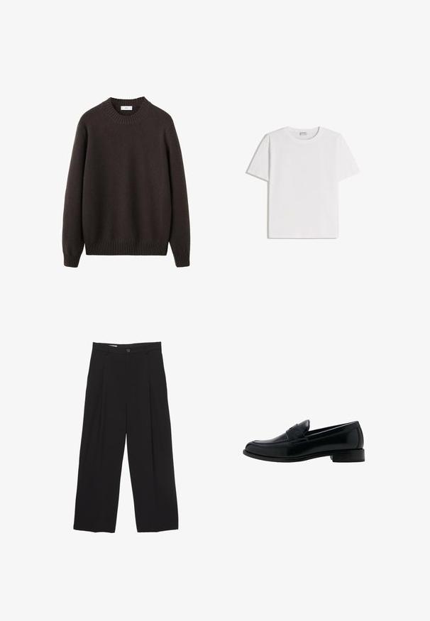 Pull marron en tricot avec un col ras du cou côtelé, des manches longues et des poignets et un ourlet côtelés. Confectionné en fil doux avec une finition texturée.; T-shirt en coton blanc avec un col rond et des manches courtes. Présente une coupe classique et carrée, sans motifs ni accents visibles.; Pantalons larges noirs en tissu lisse, avec une taille plate, des plis avant et un bouton unique.; Mocassin en cuir noir avec un talon bas, un bout rond et un détail classique de bride à penny sur le dessus.