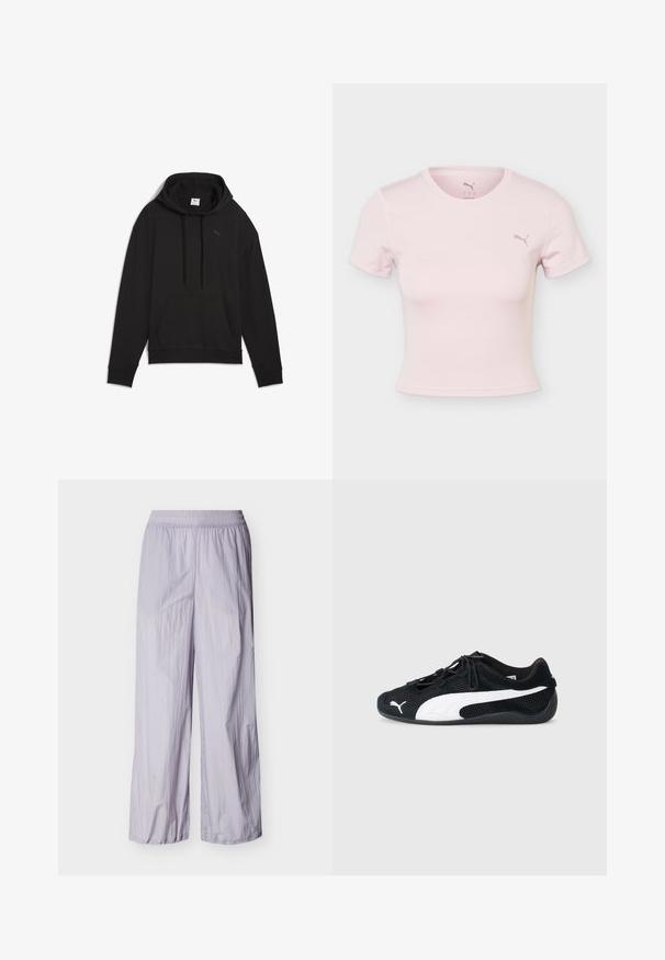 Sort pullover hættetrøje lavet af blødt stof, med en kenguru lomme, snøre ved hætten, og et lille logo på brystet.; Lyserød kortærmet cropped t-shirt med rund hals og lille Puma-logo på venstre bryst.; Lyse lilla lette bukser med elastisk talje og brede ben, vist mod en ensfarvet hvid baggrund.; Sorte atletiske sko i mesh og læder, med et hvidt Puma-logo, elastiske snørebånd og en struktureret gummisål.
