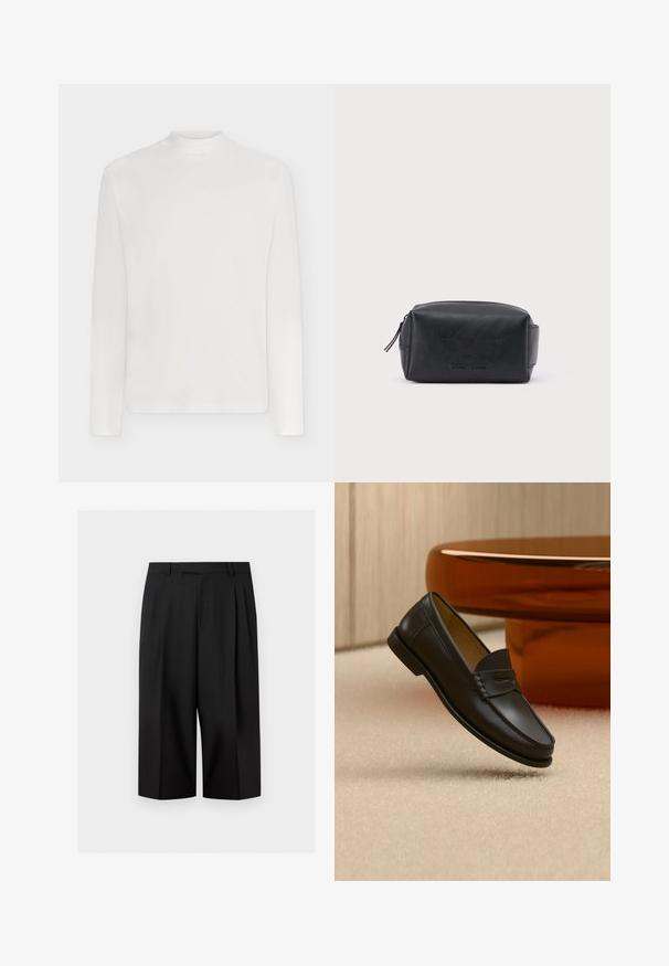 T-shirt blanc uni à manches longues avec un col rond haut, présenté de face sur un fond clair.; Pantalon noir à jambes larges et courtes avec passants de ceinture et plis avant, présenté sur un fond clair uni.; Chaussure mocassin en cuir noir suspendue au-dessus d’un tapis beige avec du mobilier moderne couleur ambre en arrière-plan.; Trousse de toilette rectangulaire en cuir noir avec fermeture éclair et nom de marque embossé sur le devant, sur fond blanc uni.