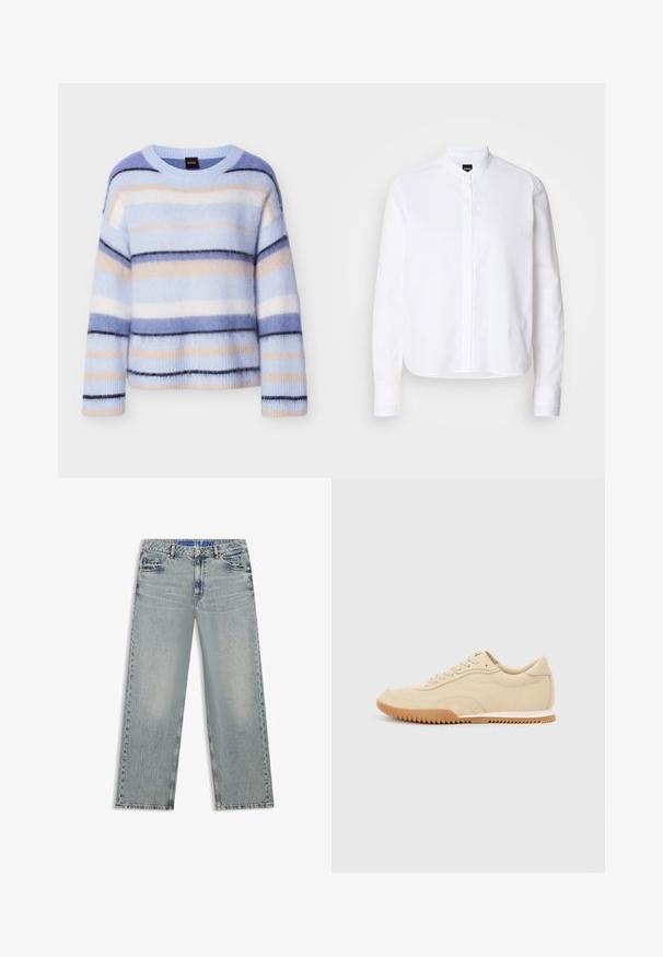 Pull rayé en bleu clair, rose pâle et bleu marine. Texture douce et moelleuse avec un col rond et des poignets côtelés. Léger et coupe décontractée.; Chemise blanche à col avec patte de boutonnage à l'avant, manches longues et poignets à boutons. Fabriquée en coton lisse avec une coupe structurée.; Jean large bleu clair en denim, avec des zones délavées, cinq poches et une ceinture bleue à logo.; Baskets en cuir beige avec une silhouette basse, des surfaces texturées et une semelle en caoutchouc gomme présentant un motif en zigzag pour une meilleure adhérence.