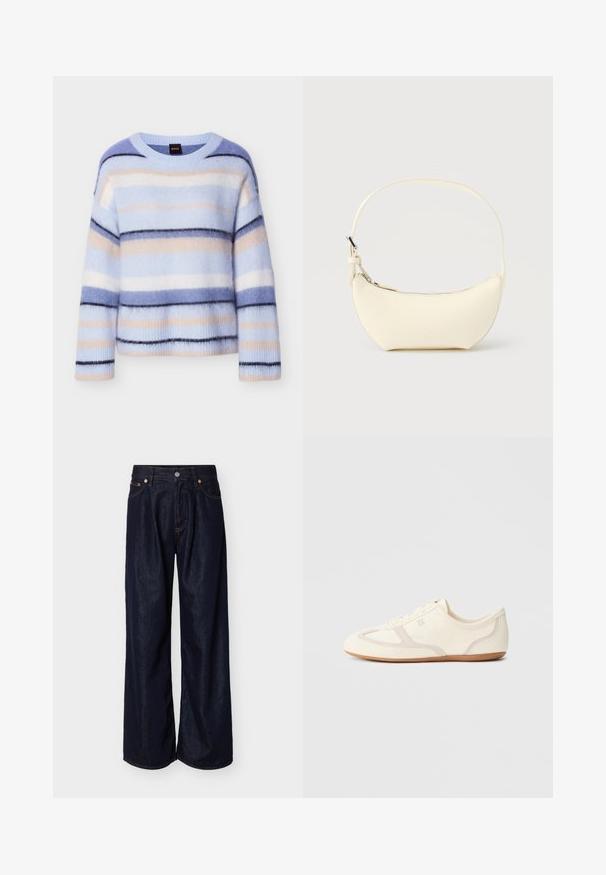 Pull rayé en bleu clair, rose pâle et bleu marine. Texture douce et moelleuse avec un col rond et des poignets côtelés. Léger et coupe décontractée.; Jean en denim bleu foncé à jambes larges avec bouton sur le devant et design à cinq poches sur un fond clair uni.; Baskets couleur crème avec une tige en daim et tissu, un bout arrondi, et une semelle en caoutchouc avec un détail accent beige. Fermeture à lacets.; Petit sac à main en cuir crème en forme de croissant avec une seule bandoulière et une fermeture éclair supérieure sur un fond uni.