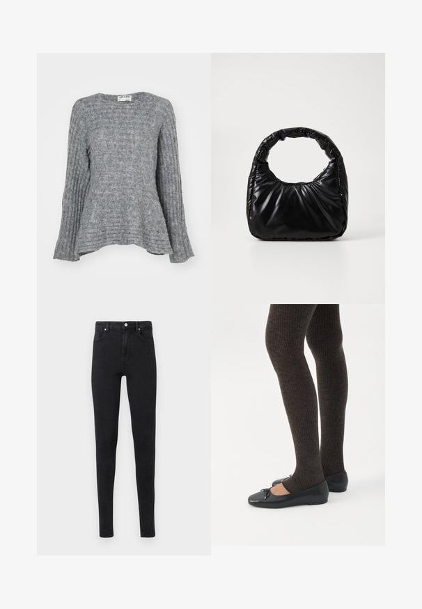 Grijze gebreide trui met geribde textuur, lange mouwen en een flared ontwerp aan de zoom. Ronde halslijn en gestroomlijnde vorm.; Zwarte skinny jeans met hoge taille, voorzakken, ceintuurlussen en een knoopsluiting tegen een effen lichte achtergrond.; Benen met donkere geribbelde leggings gecombineerd met zwarte ballerina's met kleine strikdetails op een witte achtergrond.; Zwarte gevoerde handtas met een ronde handgreep, met een gladde, glanzende oppervlakte en een zachte, gewatteerde textuur. Geen zichtbare metalen onderdelen of accenten.