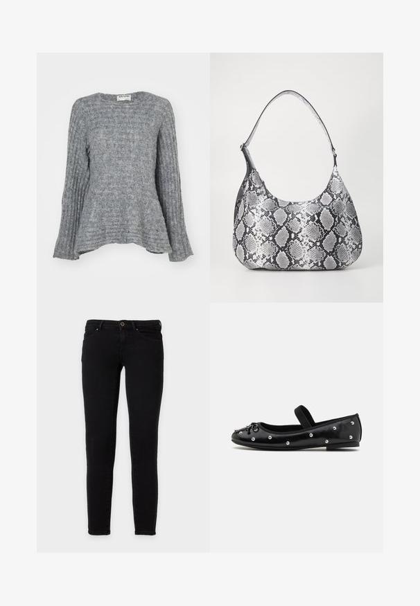 Grå strikket sweater med ribbet tekstur, lange ærmer og en flagrende design ved kanten. Rund halsudskæring og strømlinet form.; Sorte skinny jeans med frontknap og lynlås, for- og baglommer, vist på hvid baggrund.; Sorte læder flade sko med rund tå, dekorative sølvnitter og en elastisk rem. Har en glat tekstur og en lav hæl.; Sort-hvid slangemønster skuldertaske med en rund form, glat tekstur og en buet rem. Har et sølvfarvet hardware-accents.
