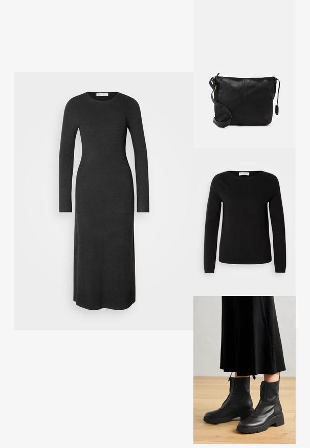 Marc O'Polo LONGSLEEVE ROUND NECK - Πουλόβερ - black; Μακρυμάνικο, σκούρο γκρι πλεκτό φόρεμα με εφαρμοστή σιλουέτα, στρογγυλή λαιμόκοψη και πλευρικές σχισμές για ευκολία στη κίνηση. Λείο υφαντό σε όλη την επιφάνεια.; Μαύρες δερμάτινες μποτάκια με χοντρή σόλα και μπροστινό φερμουάρ. Απαλή υφή με μινιμαλιστικό σχεδιασμό.; Μαύρη δερμάτινη τσάντα ώμου με επίπεδο σχήμα, με χρυσές μεταλλικές λεπτομέρειες και ρυθμιζόμενο λουρί. Λείος υφασμάτινος ιστός με ελάχιστες ραφές.