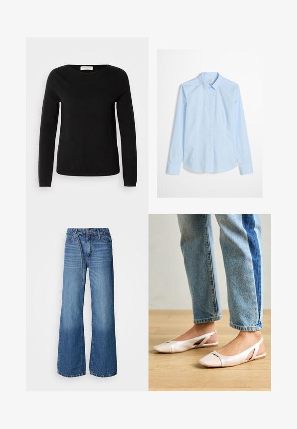 Marc O'Polo LONGSLEEVE ROUND NECK - Jersey de punto - black; Camisa de botones azul claro con mangas largas, cuello clásico y un logo sutil bordado en el pecho. Tejido liso y impecable.; Jeans de mezclilla de pierna ancha en un tono azul claro. Presentan una cintura alta, costuras visibles y un cinturón de lazo. Textura desgastada hacia la parte inferior.; Bailarinas de color rosa pálido con tiras traseras y punta puntiaguda, fabricadas con un material similar al cuero suave. Presentan detalles recortados en los laterales y un tacón plano.